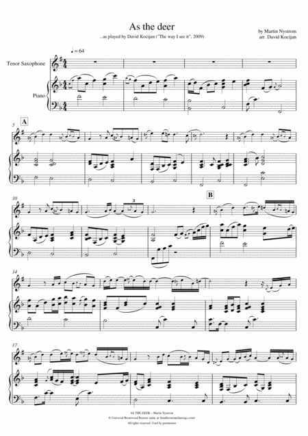 Free Sheet Music As The Deer Piano Tenor Sax