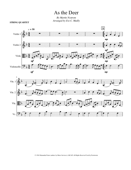 As The Deer String Quartet Sheet Music