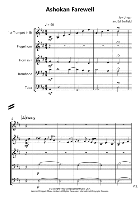 Free Sheet Music Ashokan Farewell For Brass Quintet