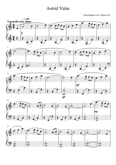 Astrid Waltz Swedish Trad Arr Piano Solo Sheet Music