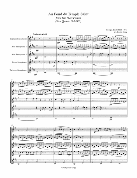 Au Fond Du Temple Saint From The The Pearl Fishers Sax Quintet Saatb Sheet Music