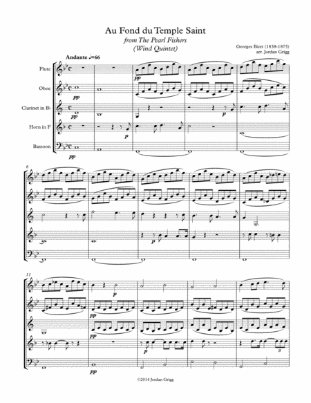 Free Sheet Music Au Fond Du Temple Saint From The The Pearl Fishers Wind Quintet