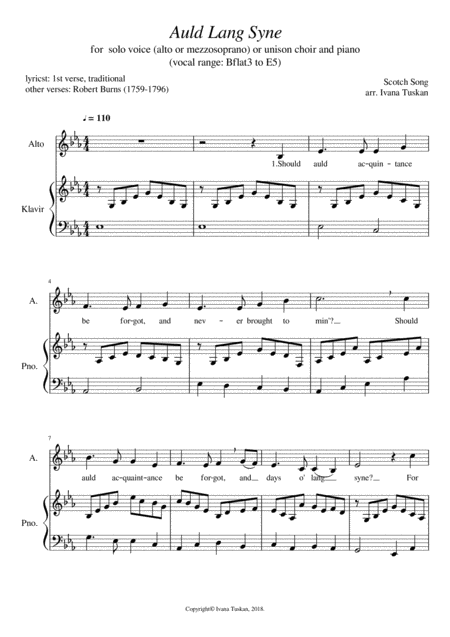 Auld Lang Syne Alto And Piano Sheet Music