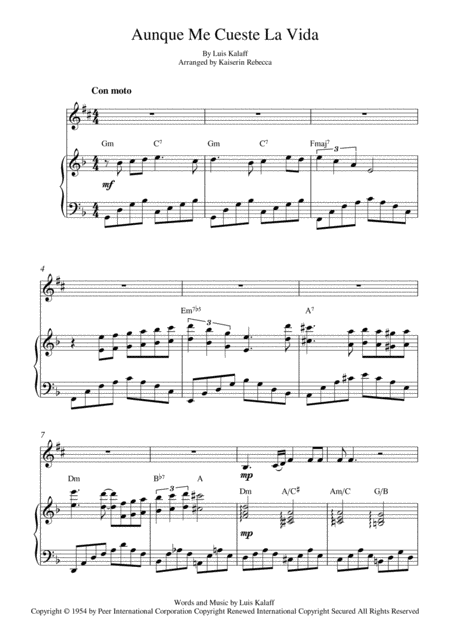 Free Sheet Music Aunque Me Cueste La Vida Alto Saxophone Solo And Piano Accompaniment