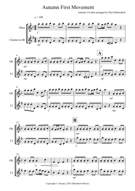 Free Sheet Music Autumn Four Seasons For Oboe And Clarinet Duet