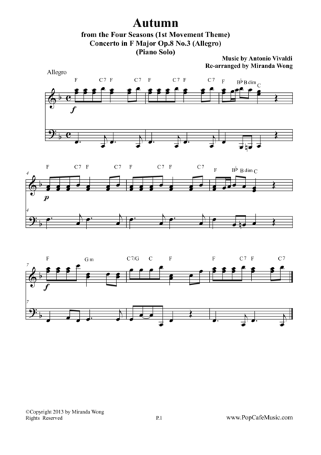 Autumn From The Four Seasons Original F Key For Piano Solo Sheet Music