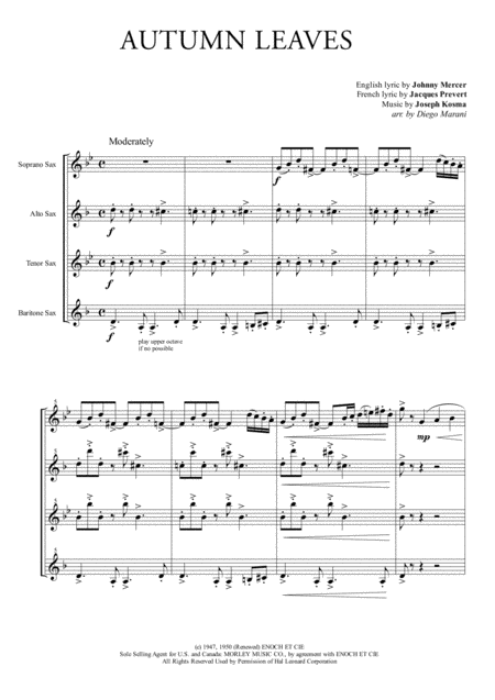 Free Sheet Music Autumn Leaves For Saxophone Quartet