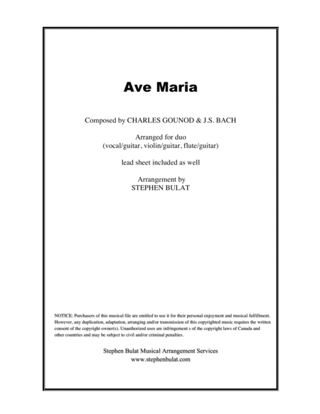 Free Sheet Music Ave Maria Bach Gounod Arranged For Duo Vocal Guitar Violin Guitar Flute Guitar Lead Sheet Key Of C