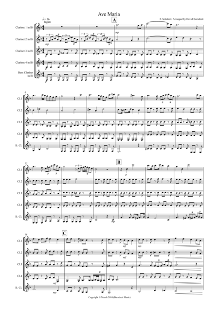 Ave Maria For Clarinet Quintet Sheet Music