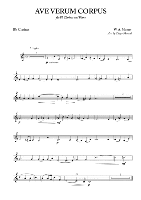 Free Sheet Music Ave Verum Corpus For Clarinet And Piano