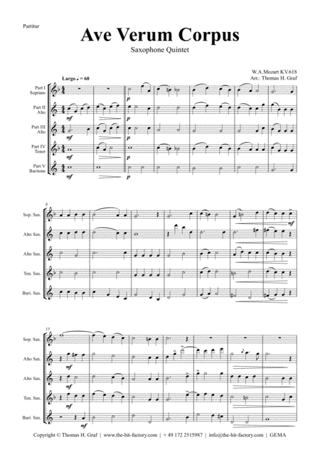 Ave Verum Corpus Mozart Saxophone Quintet Sheet Music