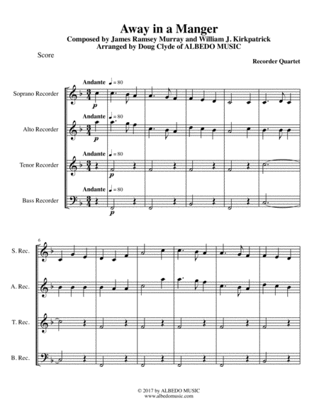 Free Sheet Music Away In A Manger For Recorder Quartet