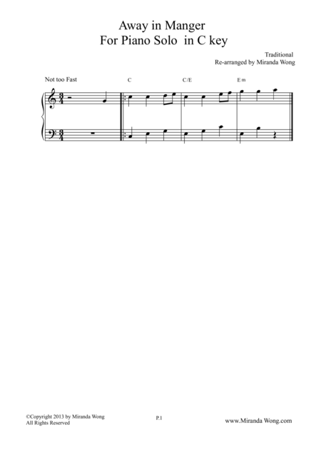 Away In Manger Piano Solo In C Key Sheet Music