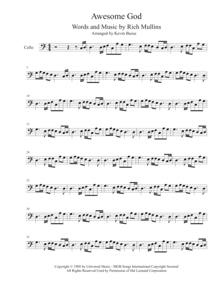 Free Sheet Music Awesome God Easy Key Of C Cello