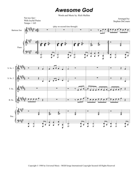 Free Sheet Music Awesome God For Saxophone Quintet