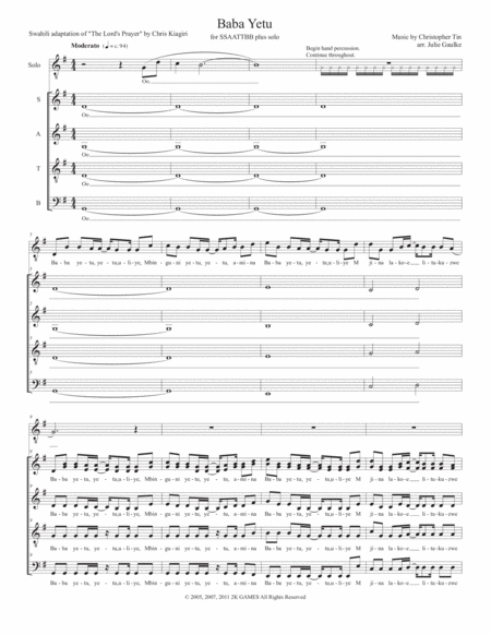 Free Sheet Music Baba Yetu For Ssaattbb A Cappella Choir