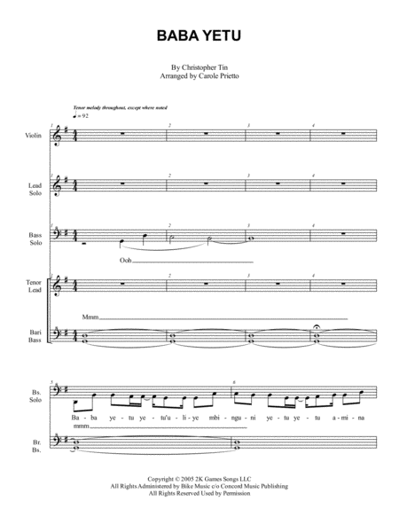 Baba Yetu For Womens Barbershop Chorus Sheet Music