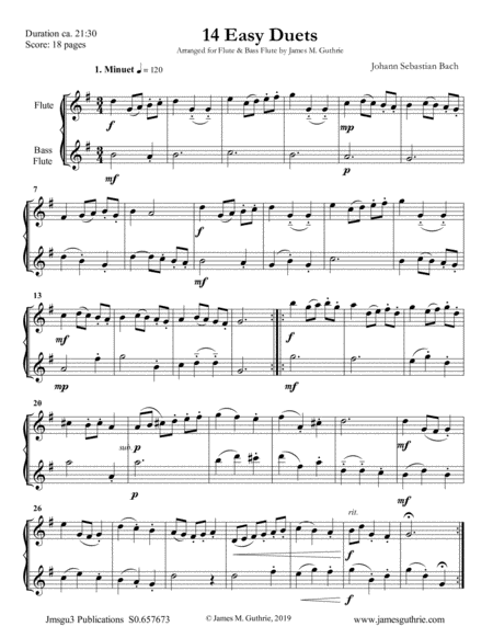 Free Sheet Music Bach 14 Easy Duets For Flute Bass Flute