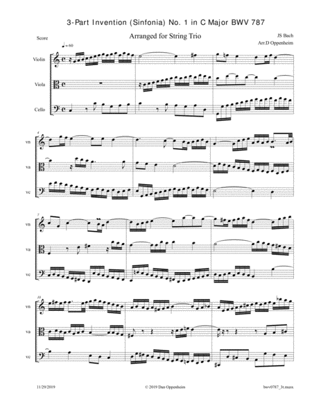 Bach 3 Part Invention Sinfonia No 1 In C Major Bwv 787 Arranged For String Trio Sheet Music