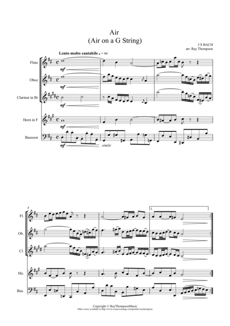 Free Sheet Music Bach Air From Orchestral Suite In D Bwv 1068 Air On A G String Wind Quintet