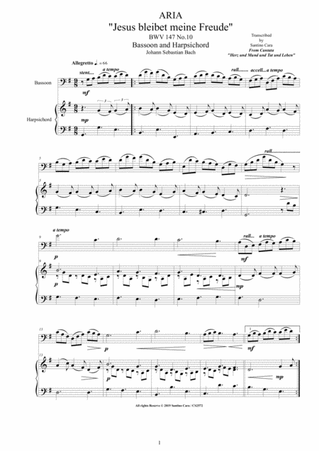 Bach Aria Jesus Bleibet Meine Freude Bwv 147 No 10 For Bassoon And Harpsichord Sheet Music