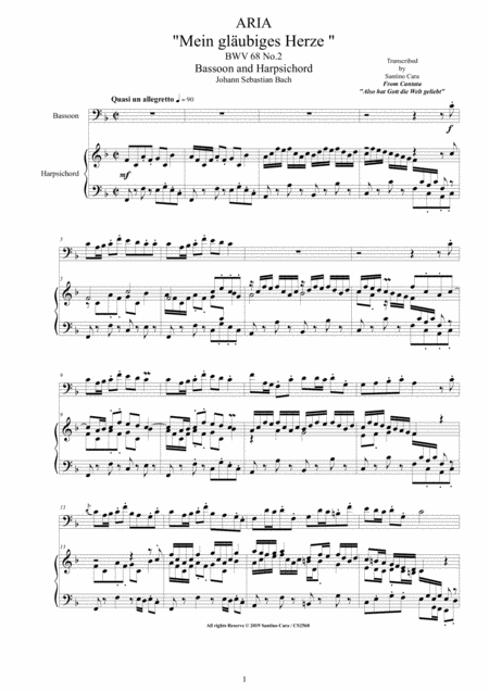 Free Sheet Music Bach Aria Mein Glubiges Herze Bwv 68 No 2 For Bassoon And Harpsichord