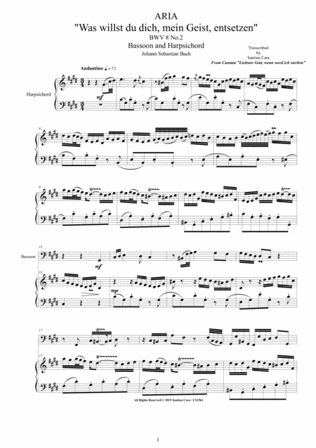 Free Sheet Music Bach Aria Was Willst Du Dich Mein Geist Entsetzen Bwv 8 No 2 For Bassoon And Harpsichord