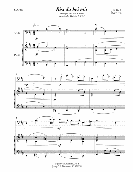 Free Sheet Music Bach Bist Du Bei Mir Bwv 508 For Cello Piano