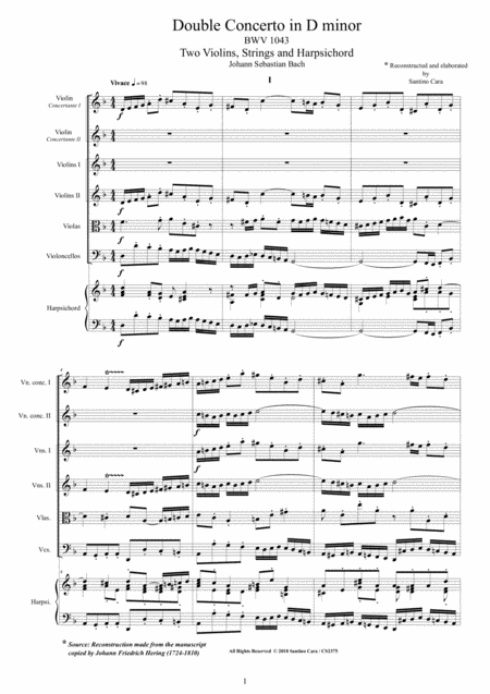 Bach Double Concerto In D Minor Bwv1043 For Two Violins Strings And Harpsichord Sheet Music