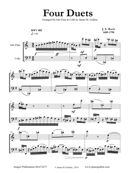 Bach Four Duets For Alto Flute Cello Sheet Music