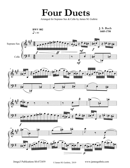 Bach Four Duets For Soprano Sax Cello Sheet Music