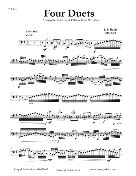 Free Sheet Music Bach Four Duets For Tenor Sax Cello