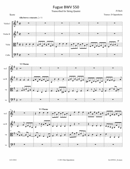 Free Sheet Music Bach Fugue Bwv 550 Arranged For String Quartet