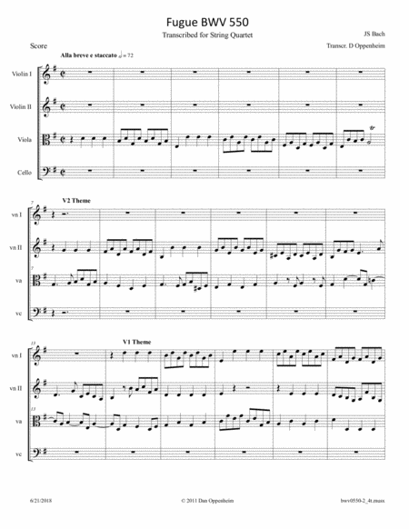 Bach Fugue Bwv 550 Arranged For String Quartet Sheet Music