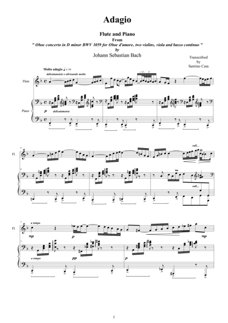 Free Sheet Music Bach Js Adagio For Flute And Piano Mov 2 Concerto In D Minor Bwv1059