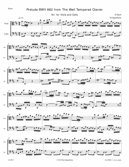 Free Sheet Music Bach Prelude Bwv 882 From The Well Tempered Clavier Arr For Viola And Cello