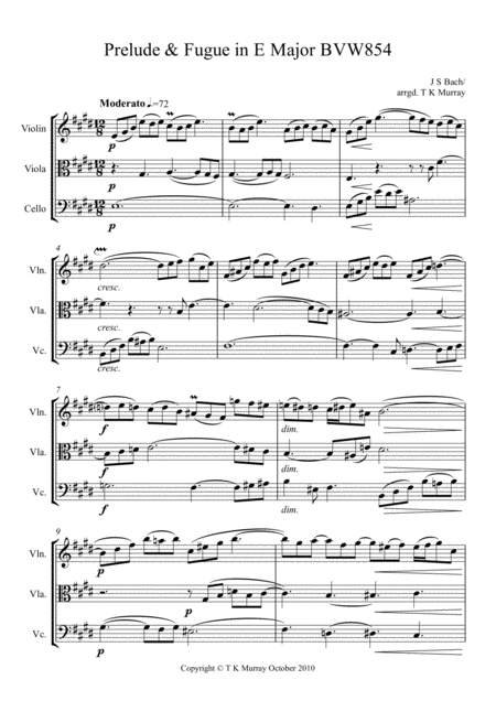 Bach Prelude Fugue In E Major Bvw854 String Trio Violin Viola Cello Score And Parts Sheet Music