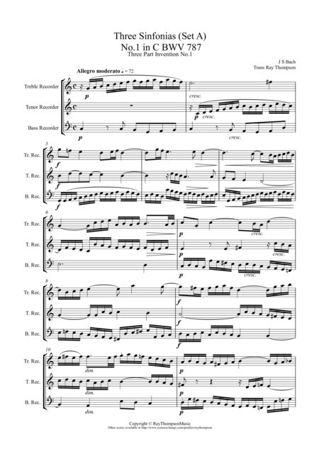 Free Sheet Music Bach Sinfonia Three Part Inventions Nos 1 2 3 Low Recorder Trio Ttb Atb
