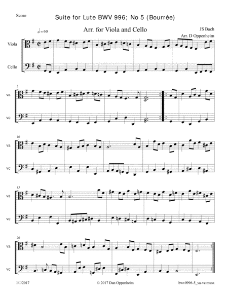 Bach Sonata For Lute Bwv 996 No 5 Bourre Arr For Viola And Cello Sheet Music