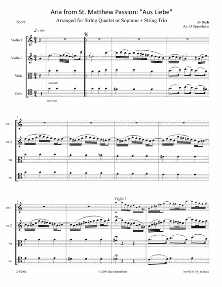 Bach St Matthew Passion Bwv 244 No 58 Aria Aus Liebe Arranged For String Quartet Sheet Music