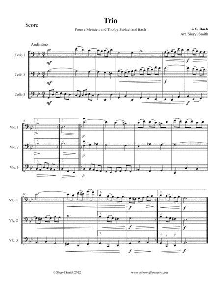 Free Sheet Music Bach Trio From Menuett And Trio For Three Cellos