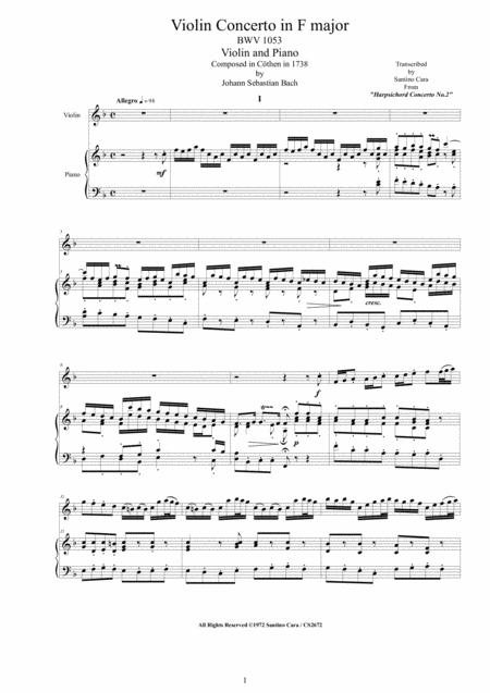 Bach Violin Concerto In F Major Bwv1053 For Violin And Piano Sheet Music