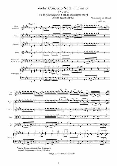 Bach Violin Concerto No 2 In E Major Bwv 1042 For Violin Strings And Harpsichord Sheet Music