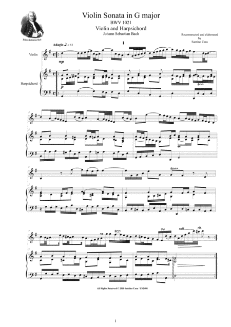 Bach Violin Sonata In G Major Bwv 1021 For Violin And Harpsichord Or Piano Sheet Music