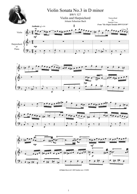 Free Sheet Music Bach Violin Sonata No 3 In D Minor Bwv 527 For Violin And Harpsichord Or Piano