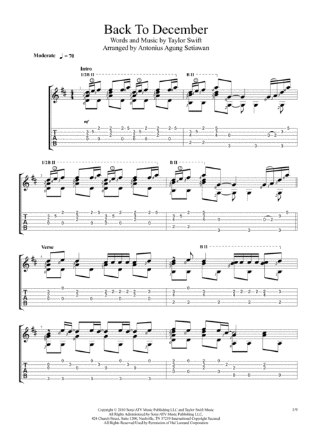 Back To December Fingerstyle Guitar Solo Sheet Music