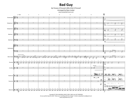 Bad Guy Billie Eilish For Percussion Ensemble W Opt Drumline Sheet Music