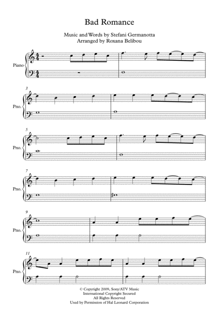 Bad Romance By Lady Gaga Easy Piano Sheet Music