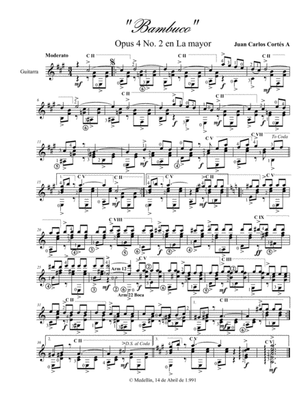 Bambuco Opus 4 No 2 En La Mayor Por Juan Carlos Corts Aguirre Sheet Music