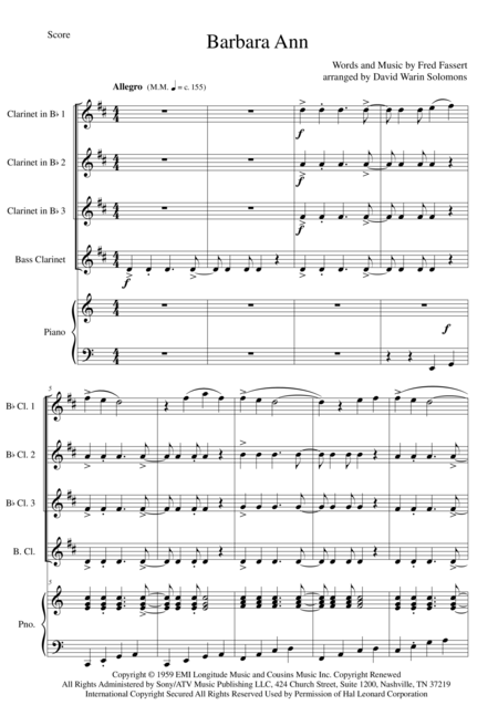 Barbara Ann For Clarinet Quartet And Piano Sheet Music